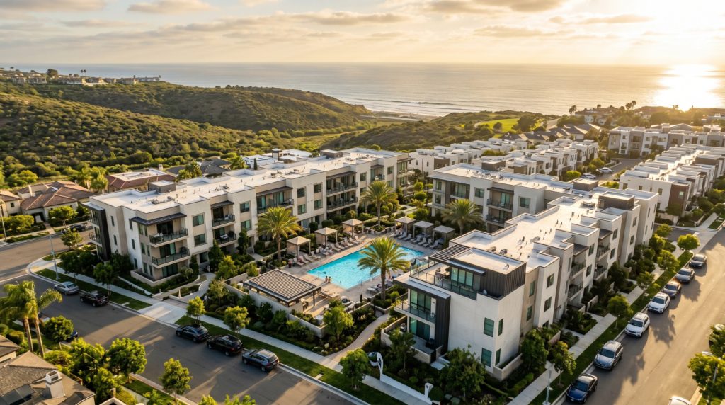 Aerial view of a San Diego multi-unit investment property at golden hour, representing a real estate portfolio upgrade through a 1031 exchange