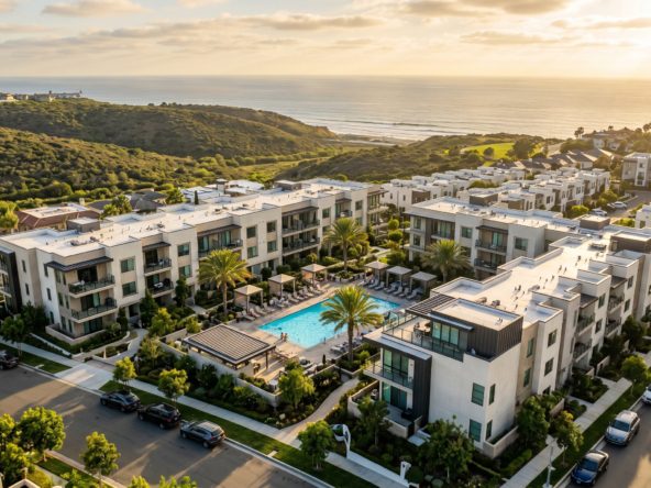 Aerial view of a San Diego multi-unit investment property at golden hour, representing a real estate portfolio upgrade through a 1031 exchange