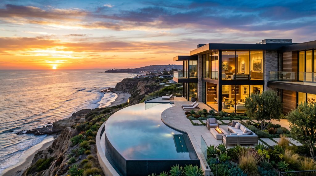 Luxury bluff-top oceanfront home in Del Mar overlooking the Pacific at sunset, representing an off-market coastal masterpiece in San Diego