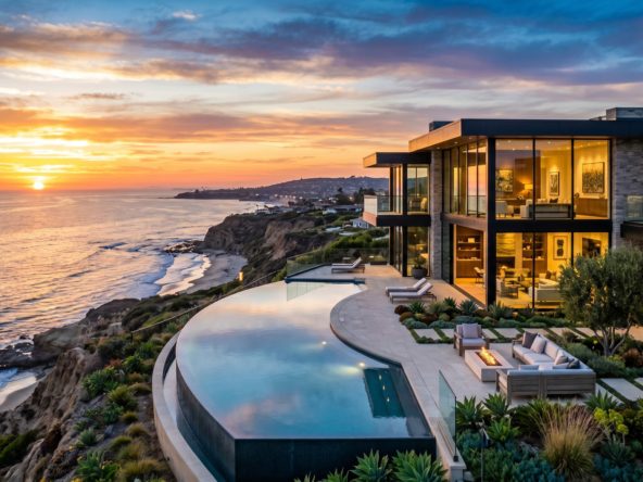 Luxury bluff-top oceanfront home in Del Mar overlooking the Pacific at sunset, representing an off-market coastal masterpiece in San Diego