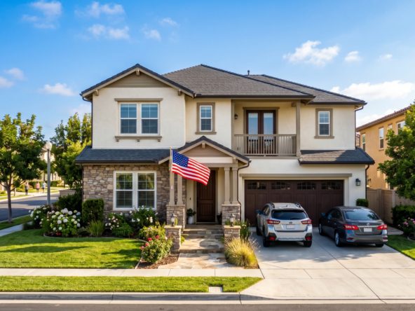 Newer single-family home in Eastlake Chula Vista with American flag and family-friendly street, representing a VA buyer's PCS move to San Diego