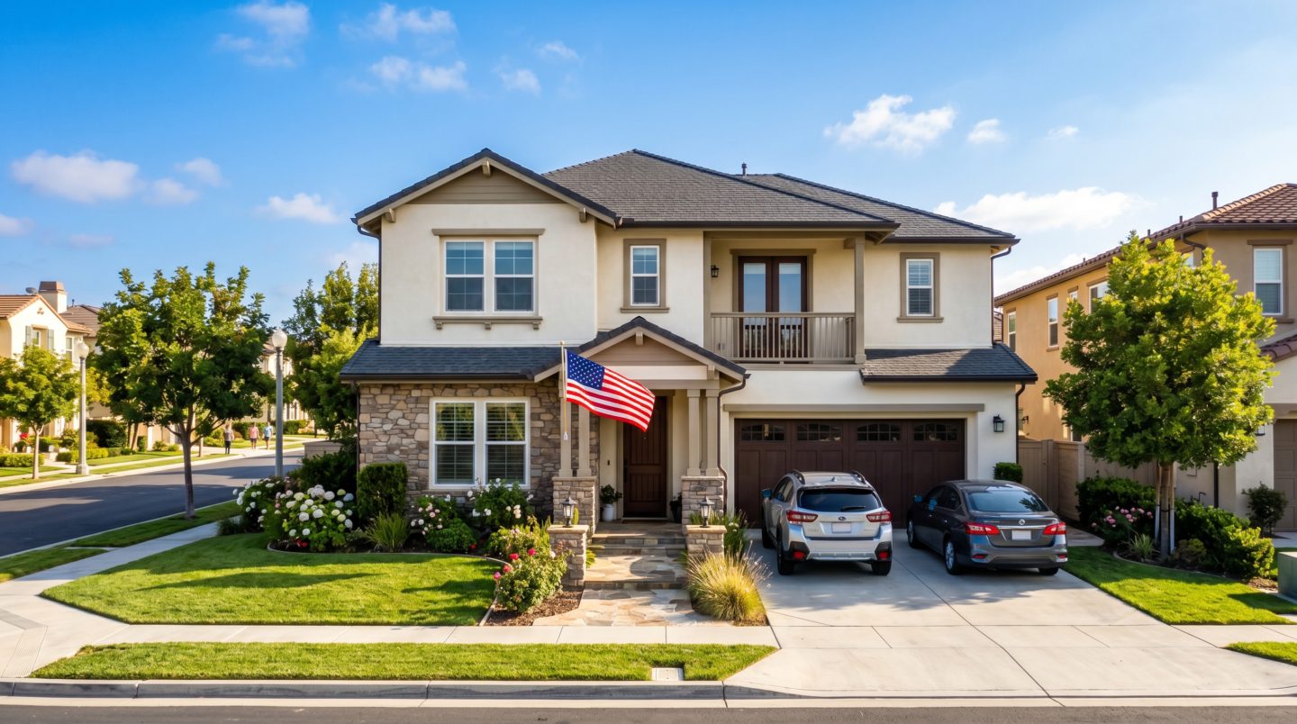 Newer single-family home in Eastlake Chula Vista with American flag and family-friendly street, representing a VA buyer's PCS move to San Diego