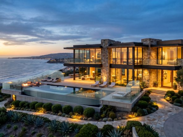 Architecturally significant La Jolla luxury home with ocean views at dusk, representing California real estate as asset protection for executives