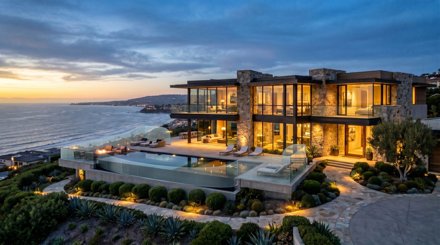 Architecturally significant La Jolla luxury home with ocean views at dusk, representing California real estate as asset protection for executives