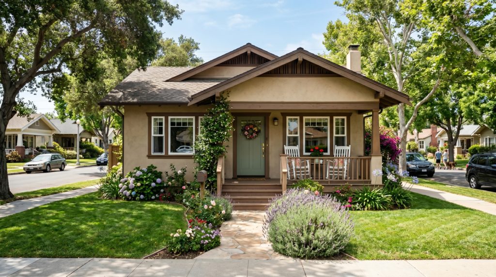 Charming La Mesa single-family home with a welcoming porch on a tree-lined street, representing a first-time buyer's dream home in San Diego