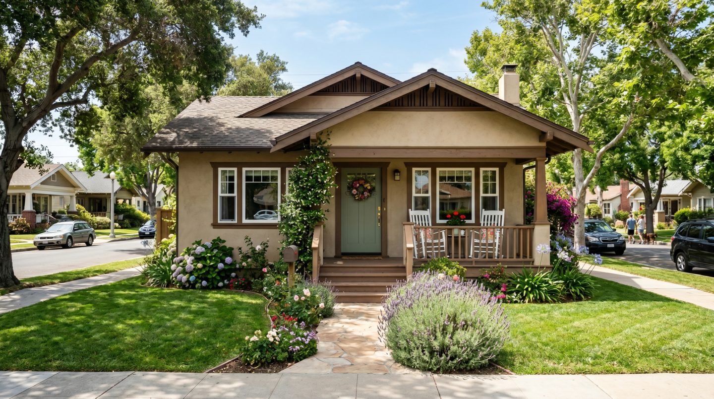 Charming La Mesa single-family home with a welcoming porch on a tree-lined street, representing a first-time buyer's dream home in San Diego