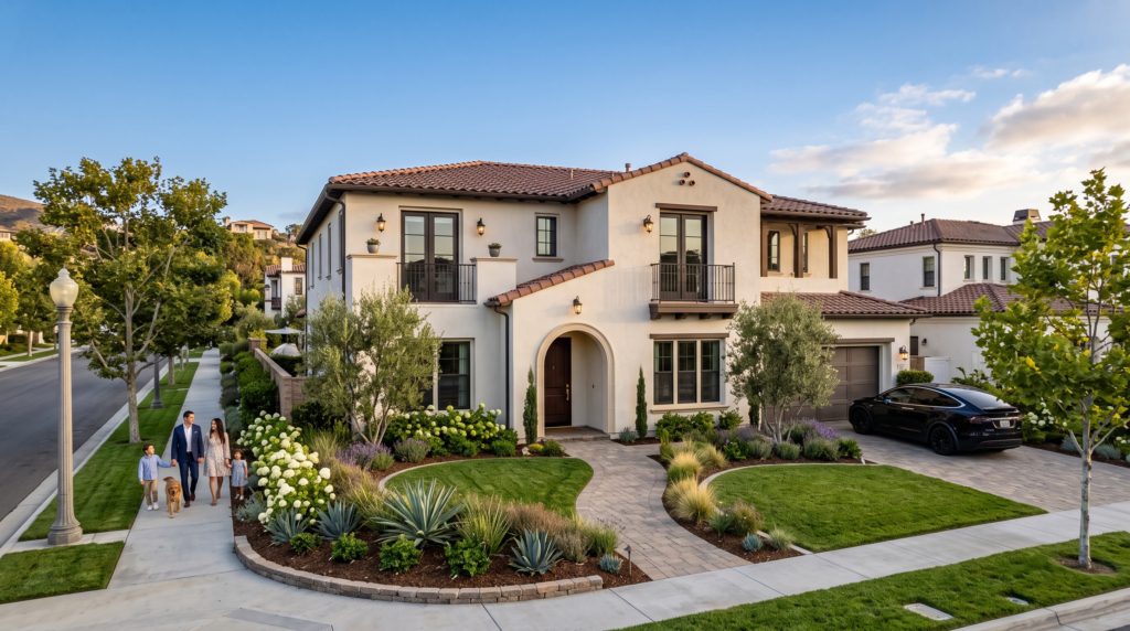 Elegant newer family home in Carmel Valley San Diego on a tree-lined street at golden hour, representing Carmel Valley real estate