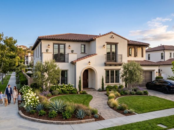 Elegant newer family home in Carmel Valley San Diego on a tree-lined street at golden hour, representing Carmel Valley real estate