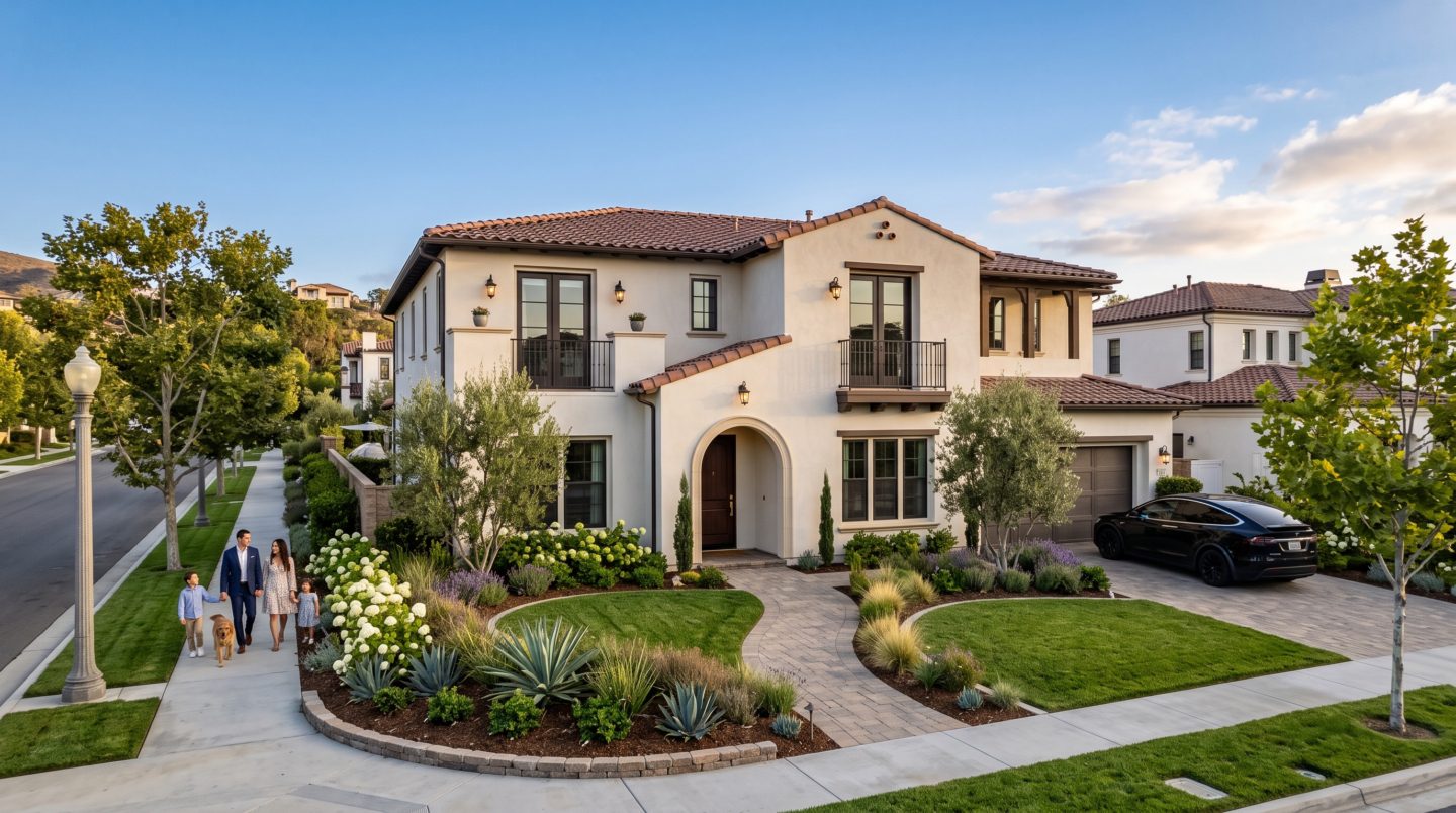 Elegant newer family home in Carmel Valley San Diego on a tree-lined street at golden hour, representing Carmel Valley real estate