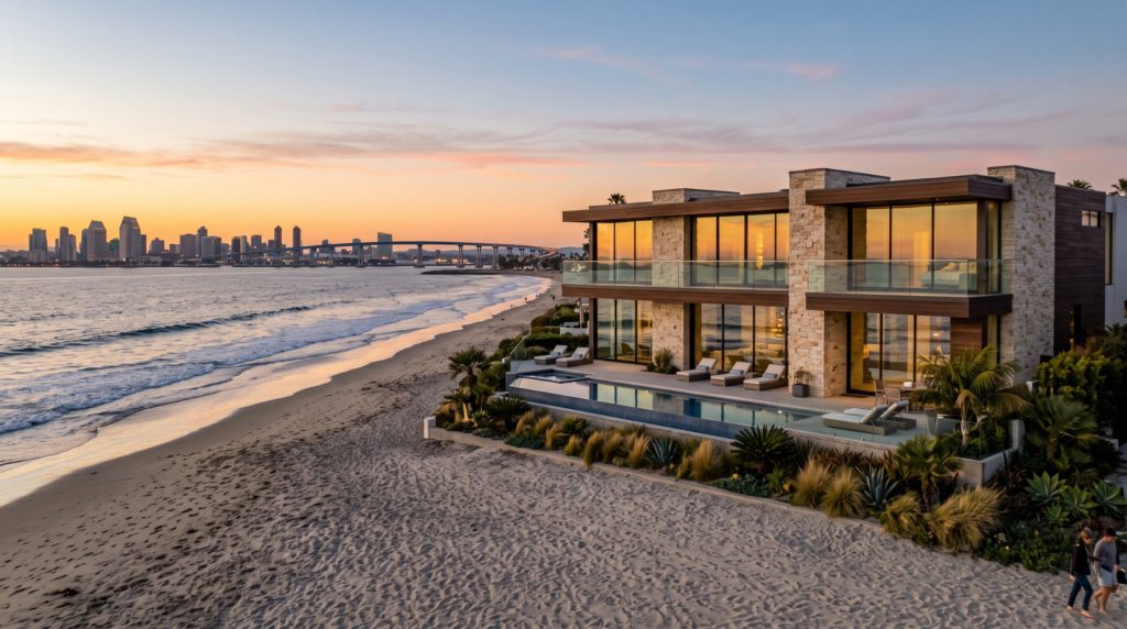 Luxury oceanfront home in Coronado at golden hour with the Pacific and Navy island setting, representing Coronado luxury real estate