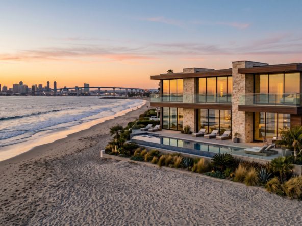 Luxury oceanfront home in Coronado at golden hour with the Pacific and Navy island setting, representing Coronado luxury real estate