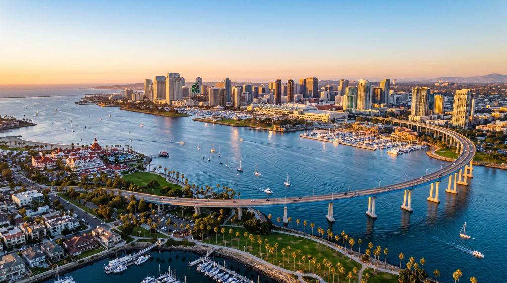 San Diego and Tijuana border region at golden hour with the city skyline, representing cross-border real estate investment from Mexico into San Diego