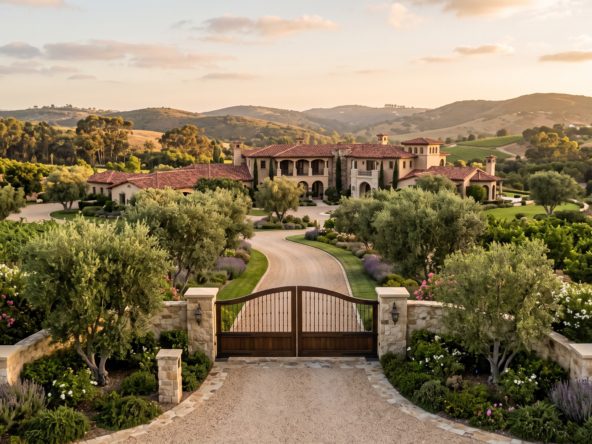 Gated luxury estate with acreage and mature landscaping in Rancho Santa Fe at golden hour, representing Rancho Santa Fe real estate