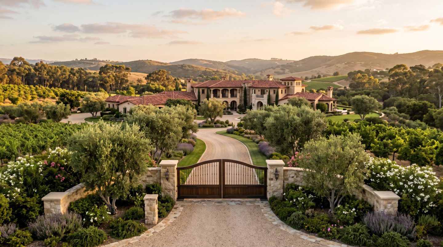 Gated luxury estate with acreage and mature landscaping in Rancho Santa Fe at golden hour, representing Rancho Santa Fe real estate