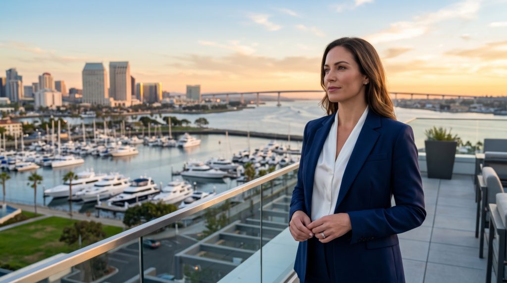 Executive looking out over the San Diego coastline and city at golden hour while relocating, representing an executive relocation to San Diego