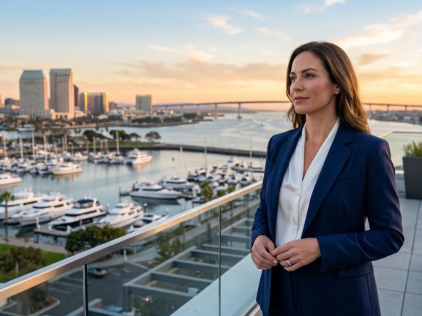 Executive looking out over the San Diego coastline and city at golden hour while relocating, representing an executive relocation to San Diego