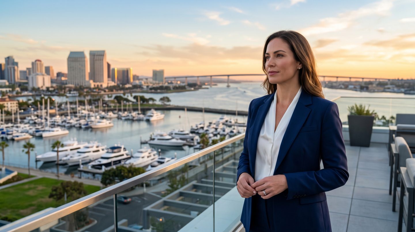Executive looking out over the San Diego coastline and city at golden hour while relocating, representing an executive relocation to San Diego