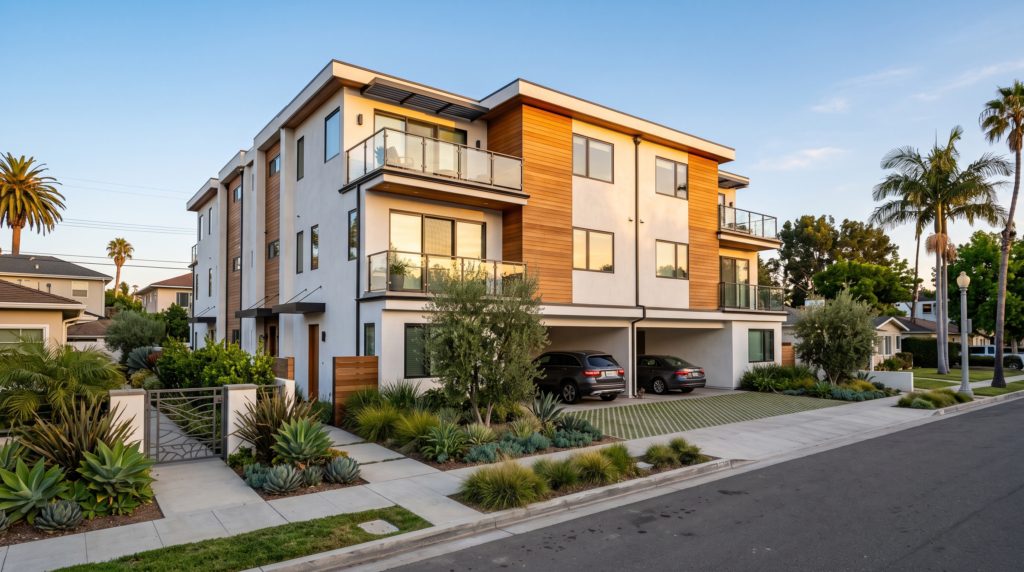 Modern San Diego multi-unit rental property at golden hour, representing building a rental portfolio for cash flow and long-term wealth