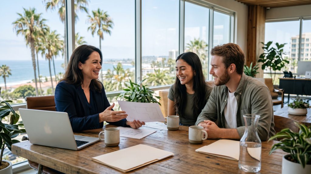 A San Diego home buyer meeting and interviewing a real estate agent at a table, representing how to choose an agent