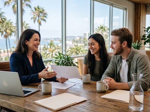 A San Diego home buyer meeting and interviewing a real estate agent at a table, representing how to choose an agent