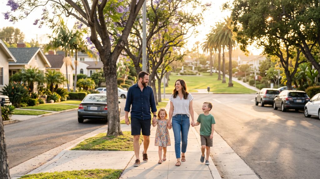 A family walking together on a tree-lined San Diego residential street with a park nearby, representing choosing a family neighborhood