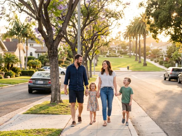 A family walking together on a tree-lined San Diego residential street with a park nearby, representing choosing a family neighborhood