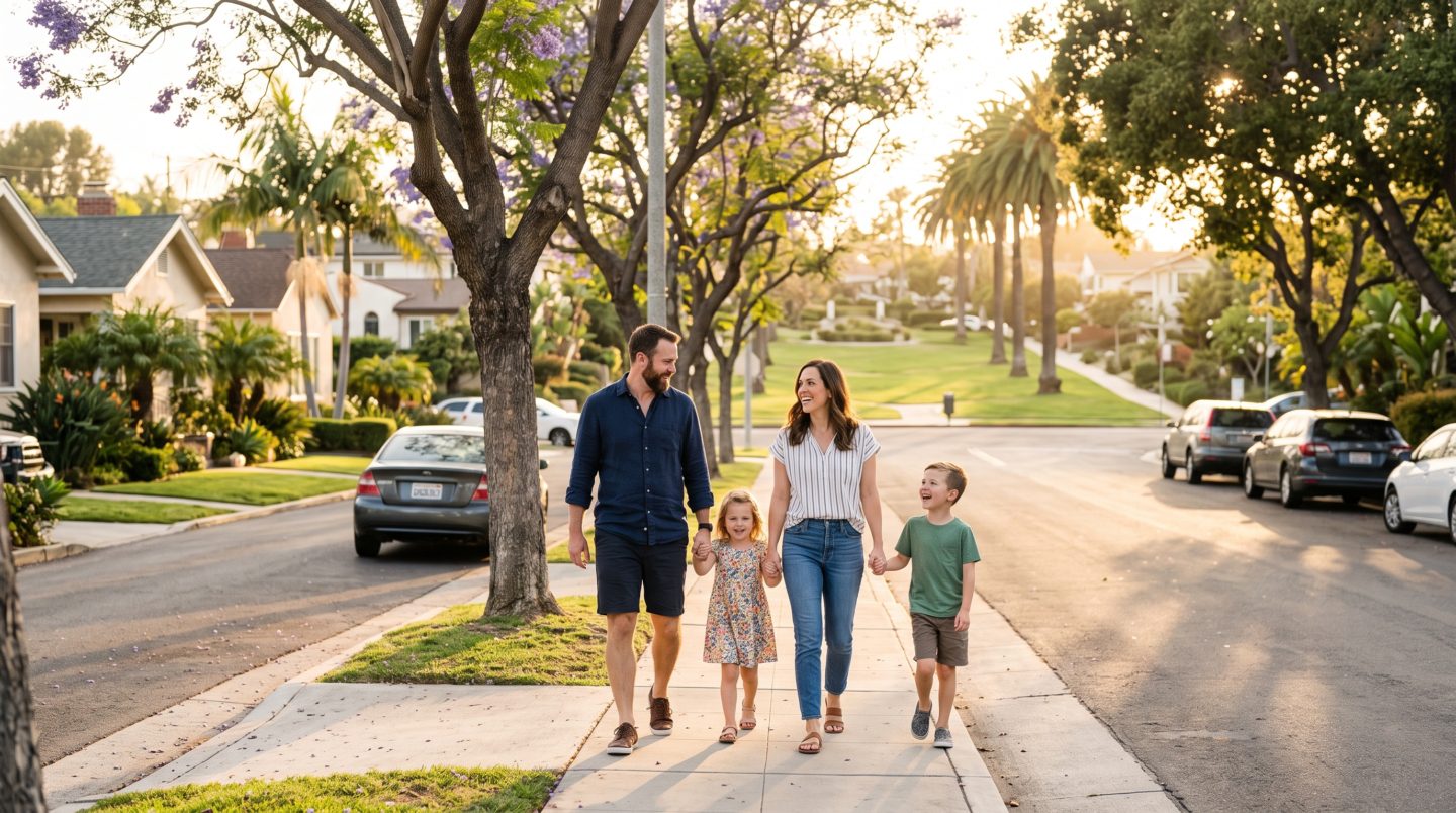 A family walking together on a tree-lined San Diego residential street with a park nearby, representing choosing a family neighborhood