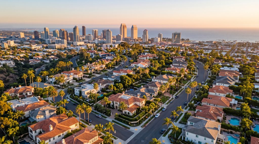San Diego neighborhood skyline and homes at golden hour representing the cost of living for a relocating buyer