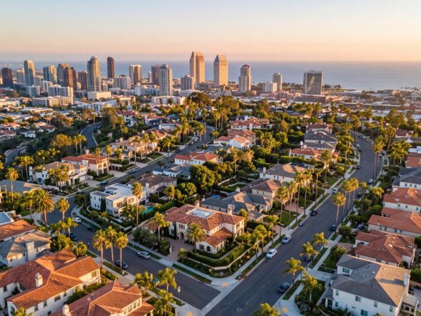 San Diego neighborhood skyline and homes at golden hour representing the cost of living for a relocating buyer