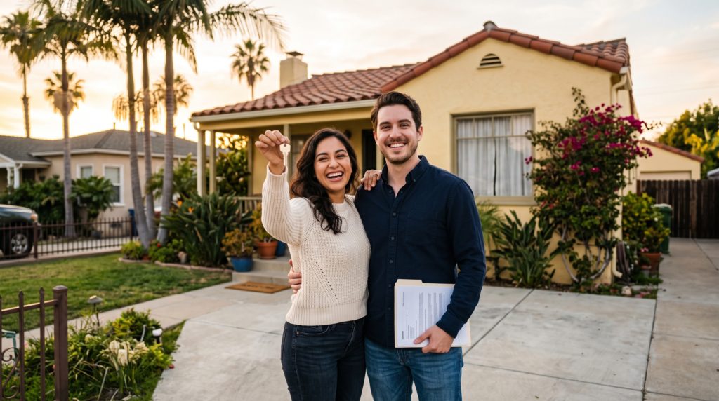 First-time buyers receiving keys to their new San Diego home, representing down payment assistance and loan programs