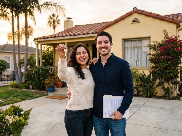 First-time buyers receiving keys to their new San Diego home, representing down payment assistance and loan programs
