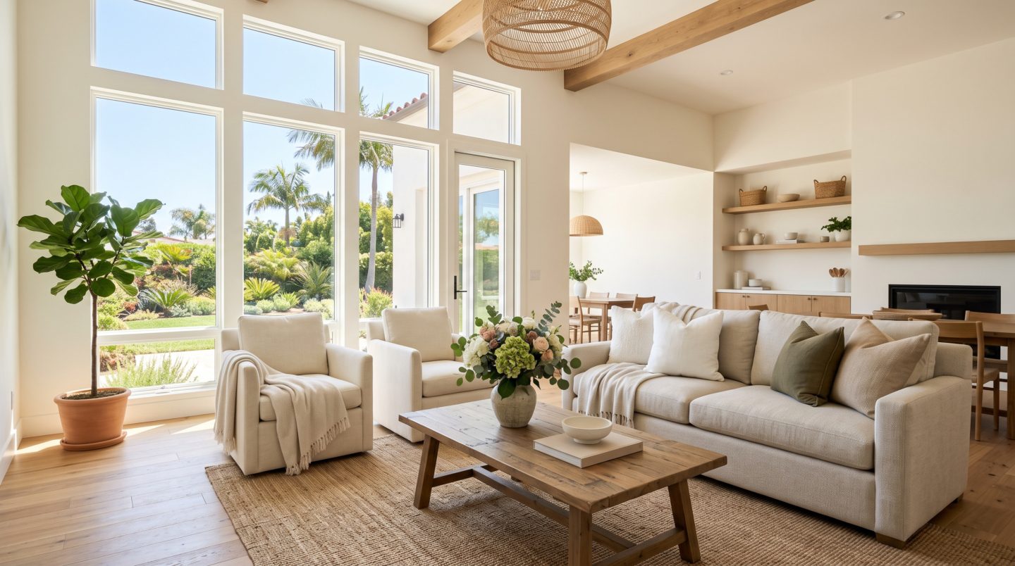 A clean, bright, staged San Diego living room ready for sale with natural light, representing home selling preparation