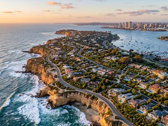 Aerial view of the Point Loma peninsula and Sunset Cliffs coastline in San Diego at golden hour, representing living in Point Loma