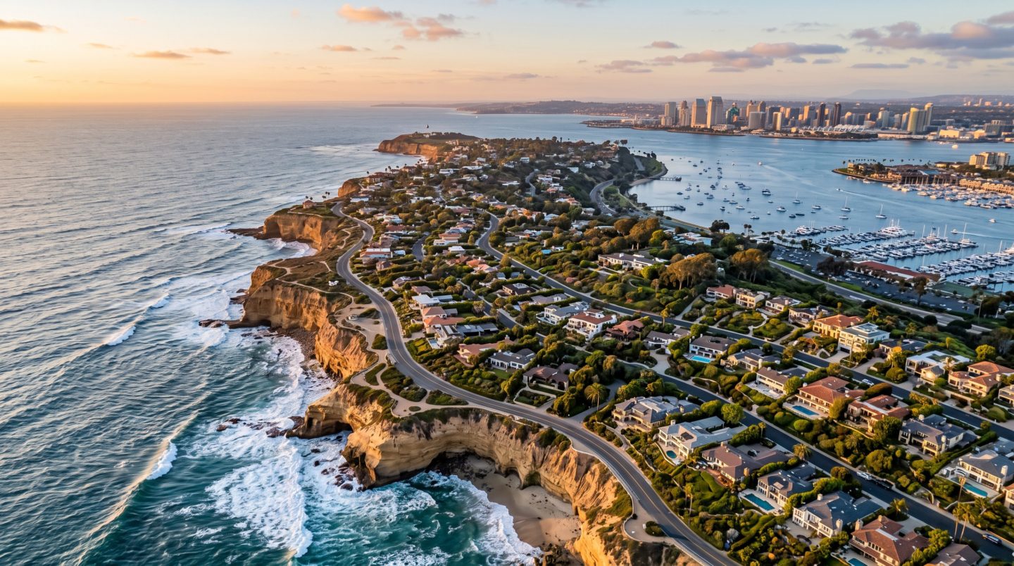 Aerial view of the Point Loma peninsula and Sunset Cliffs coastline in San Diego at golden hour, representing living in Point Loma