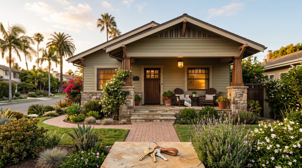 A San Diego home with a for-sale and for-rent decision concept at golden hour, representing the renting vs buying decision