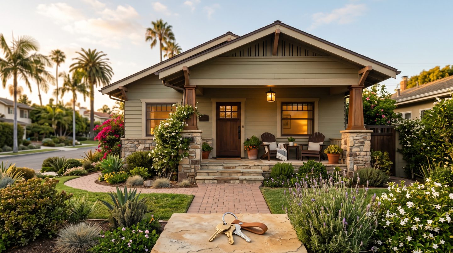 A San Diego home with a for-sale and for-rent decision concept at golden hour, representing the renting vs buying decision